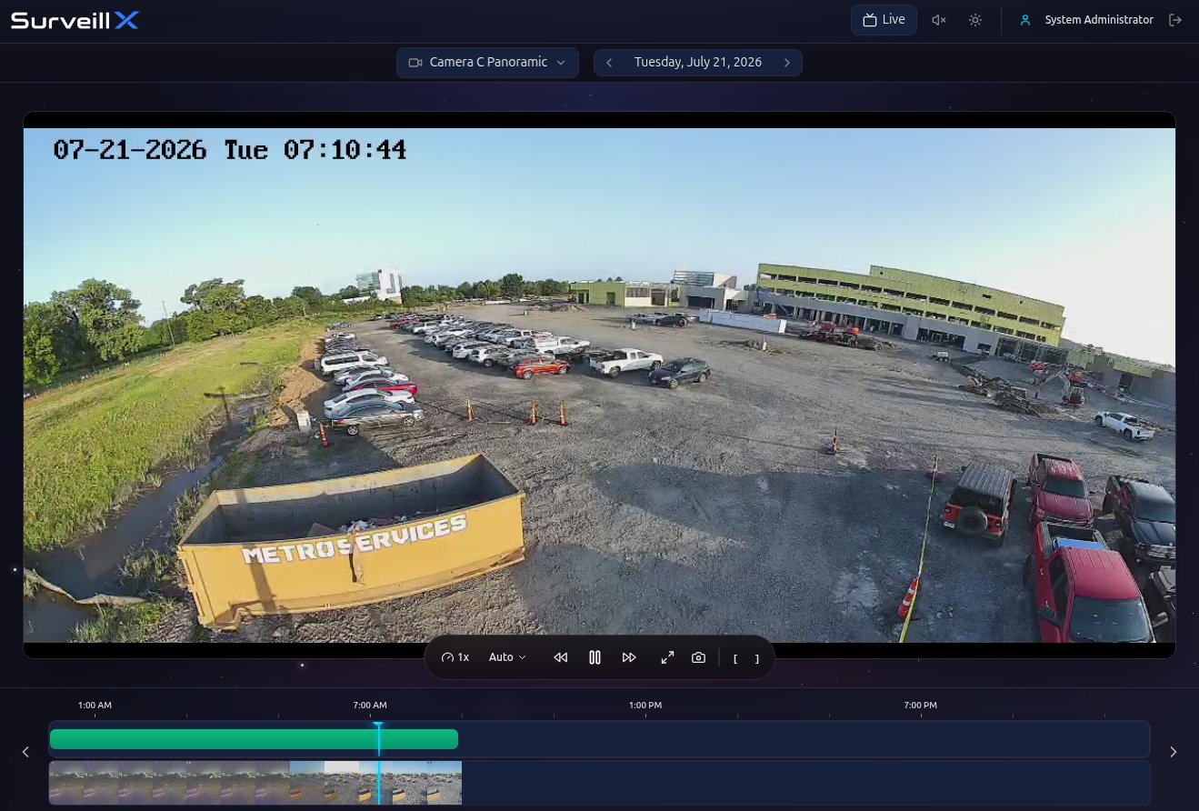 Playback view: recorded video with a 24-hour timeline showing the recorded range, a draggable playhead, thumbnail filmstrip, and controls for speed, quality, snapshot, and clip export